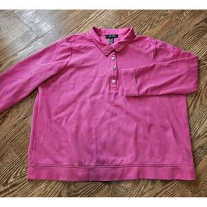 Lauren Ralph Lauren 2XL Women Pink Button Front Cotton Sweater Ribbed Collared